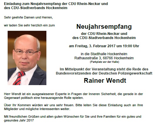 Neujahrsempfang CDU Rhein-Neckar mit Rainer Wendt am 3. Februar 2017